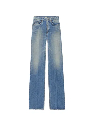 Saint Laurent Yves Flared High Waist Denim Trousers In Blue