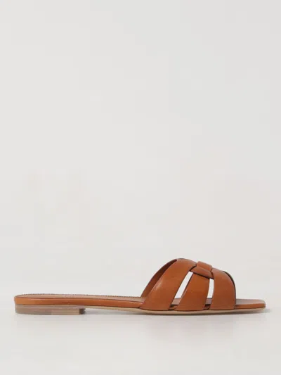 Saint Laurent Tribute Woven Leather Flat Sandals In Brown