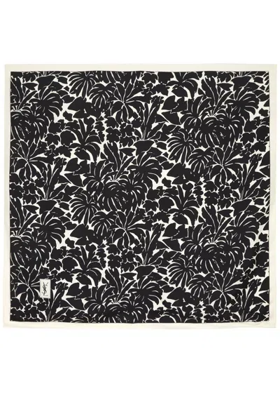 Saint Laurent Floral And Logo-print Silk Scarf In Black / White / Grey
