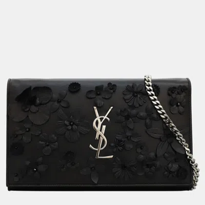 Pre-owned Saint Laurent Floral Applique Monogram Wallet On Chain 22 Cm In Black