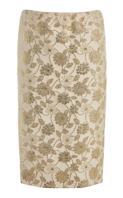 Saint Laurent Floral Brocade Midi Skirt In Gold