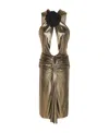Saint Laurent Flower-applique Cutout Ruched Metallic Dress In Brown