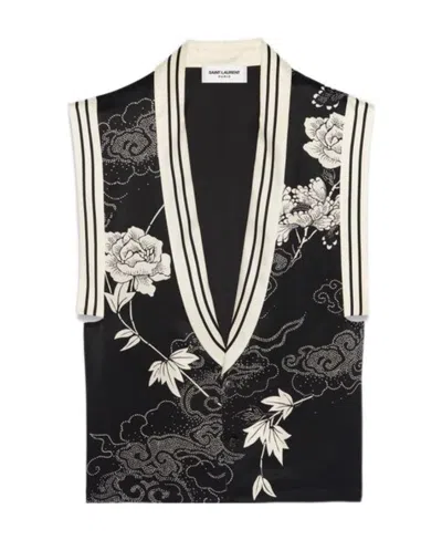 Saint Laurent Sleeveless Shirt In Printed Satin In Multi