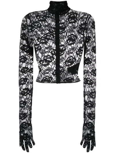 Saint Laurent Floral-jacquard Point D'esprit Tulle Blouse In Black