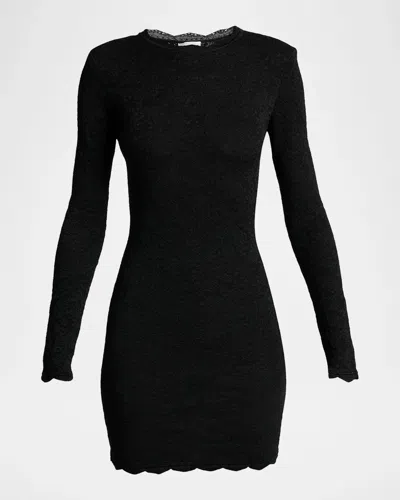 Saint Laurent Floral Lace Knit Long-sleeve Mini Dress In Black