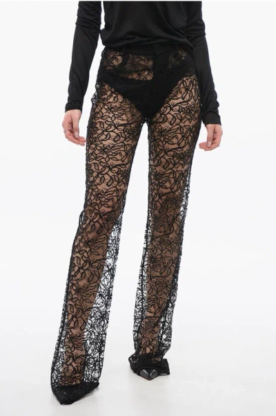 Saint Laurent Floral Lace Pants With Straight Leg In Black