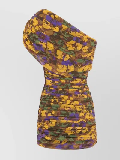 SAINT LAURENT FLORAL ONE SHOULDER RUCHED FITTED DRESS