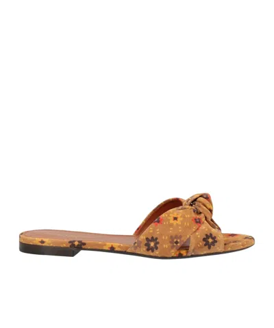 Saint Laurent Floral Print Bow Leather Slippers In Brown