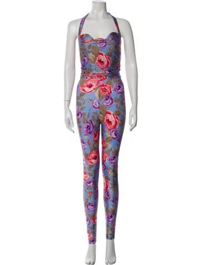 Pre-owned Saint Laurent Floral Print Halterneck Jumpsuit In Blue