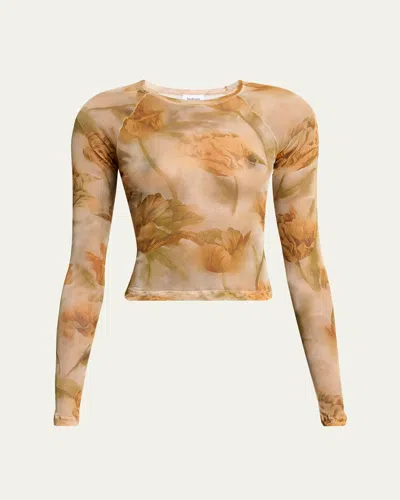 Saint Laurent Floral-print Mesh Long-sleeve Top In Brown
