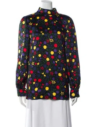 Pre-owned Saint Laurent Floral Print Mock Neck Top In Blue