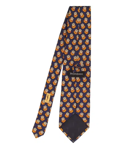 Pre-owned Saint Laurent Floral-print Silk Tie In Blue