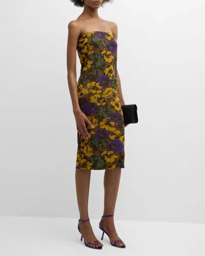 Saint Laurent Floral-print Strapless Dress In Blue