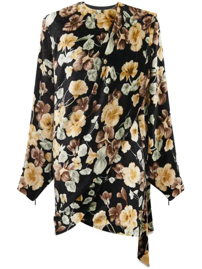 Saint Laurent Floral-print Velvet Wrap Dress In Black
