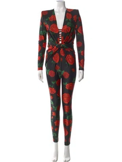 Pre-owned Saint Laurent Floral Print V-neck Jumpsuit In Red