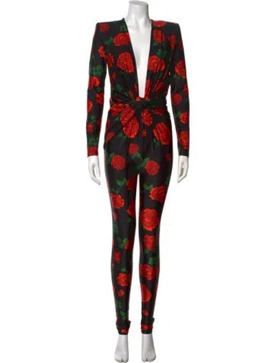 Pre-owned Saint Laurent Floral Print V-neck Jumpsuit W/ Tags In Black