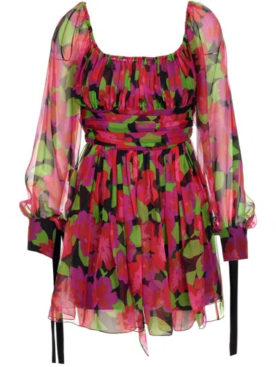 Saint Laurent Printed Silk Mini Dress In Red