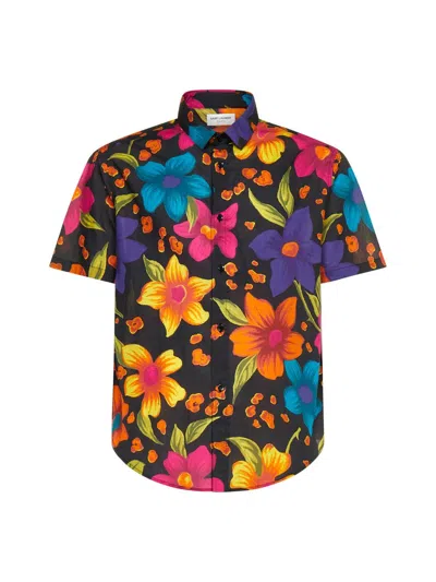 Saint Laurent Manches Cour Floral-print Short Sleeve Shirt In Nero