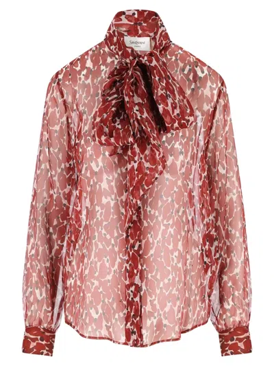 Saint Laurent Floral Silk Blouse With Scarf Collar And Concealed Button Closure In Red