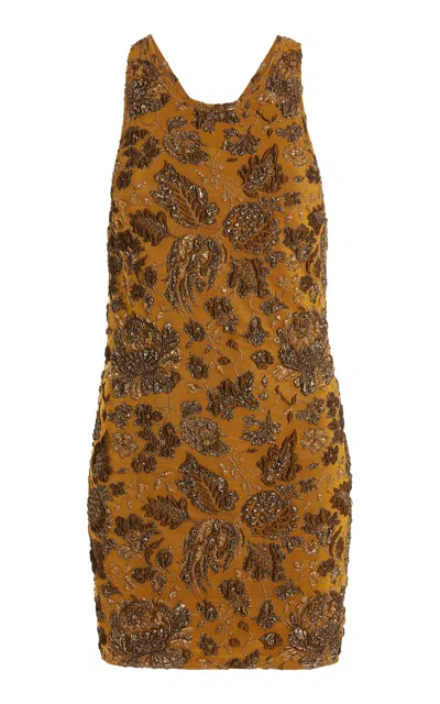 Saint Laurent Floral Stretch-brocade Mini Dress In Yellow