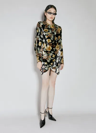 Saint Laurent Floral Velvet Dress In Black