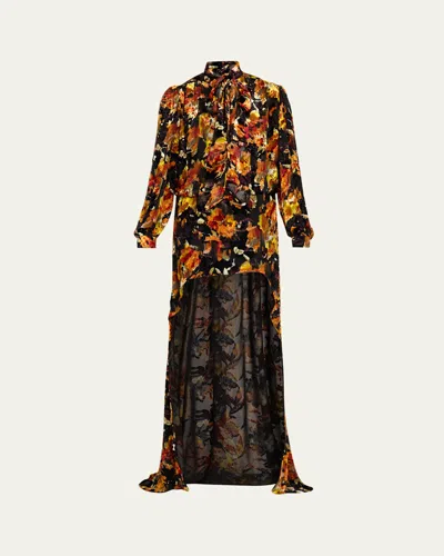Saint Laurent Floral Velvet Long-sleeve High-low Dress In Black