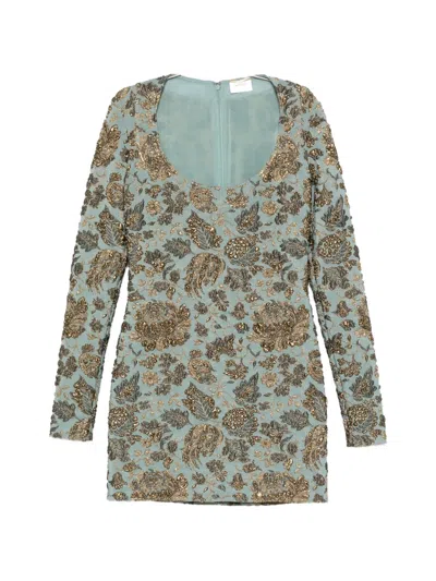 Saint Laurent Floral-brocade Long-sleeves Mini Dress In Blue