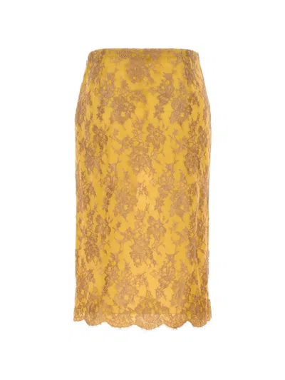 Saint Laurent Floral-lace Scalloped-hem Midi Skirt In Yellow