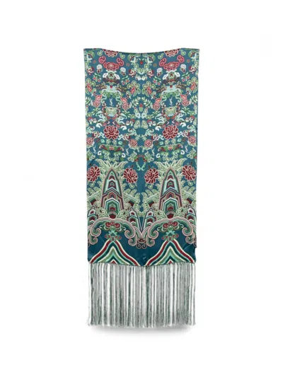Pre-owned Saint Laurent Floral-print Fringed Shawl In Blue