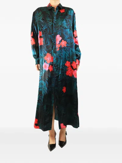 Pre-owned Saint Laurent Floral-print Maxi Shirt Dress In Black