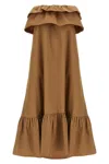 Saint Laurent Beige Long Dress With Bustier Neckline And Ruffled Skirt In Cotton Woman In Brown