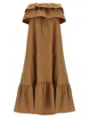 Saint Laurent Beige Long Dress With Bustier Neckline And Ruffled Skirt In Cotton Woman In Brown