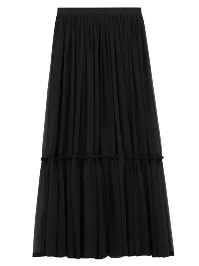 Saint Laurent Flounced Skirt In Silk Crepe Muslin In Black