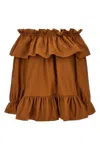 Saint Laurent Brown Ruffle Dress With Bare Shoulders In Cotton Twill Woman