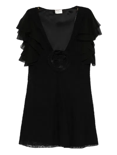 Saint Laurent Flower-brooch Mini Dress In Black