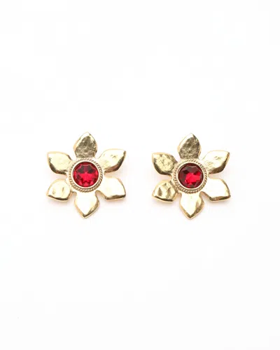 Saint Laurent Flower Rhinestone Clip-on Earrings In Gold