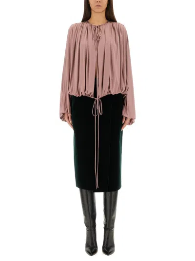 Saint Laurent Drawstring Gathered-shoulder Blouse In Brown