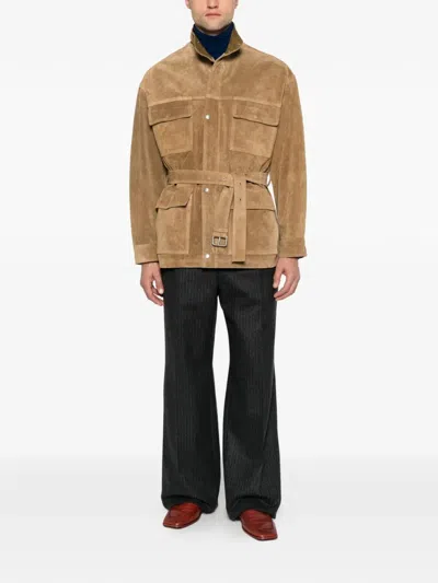 Saint Laurent Fluid Pants In Pinstripe Brushed Wool Felt In Brown