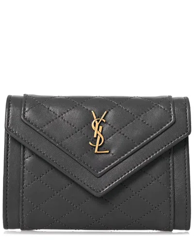 Saint Laurent Fog Lambskin Leather Quilted Monogram Gaby Small Envelope Wallet  Fog (authentic Pre-l In Black