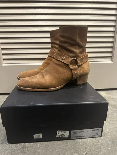 Pre-owned Saint Laurent Fox Suede Harness Wyatt 40mm Boots 43 In Brown