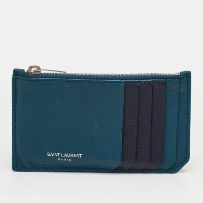 Pre-owned Saint Laurent Fragments Zip Dark Teal Blue/navy Leather Card Case