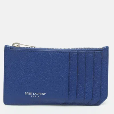 Pre-owned Saint Laurent Fragments Zipped Blue Leather Card Holder