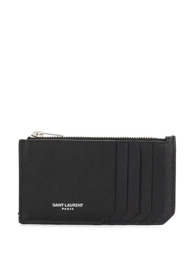 Saint Laurent Fragments Zipped Card Case In Grain De Poudre Leather Accessories In Black