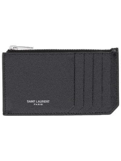 Saint Laurent Fragments Zipped Card Case In Grain De Poudre Leather In Black