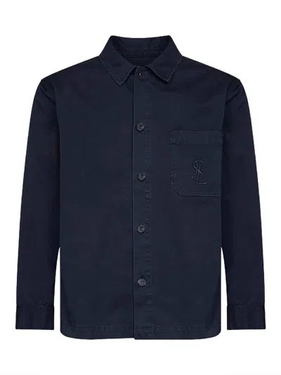 Saint Laurent French Navy Certified Cotton Cassandre Overshirt In Blue
