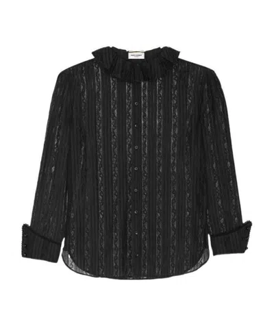 Saint Laurent Frilled-neck Lace Shirt In Black