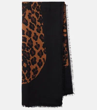 Saint Laurent Fringed Leopard-print Wool Scarf In Brown