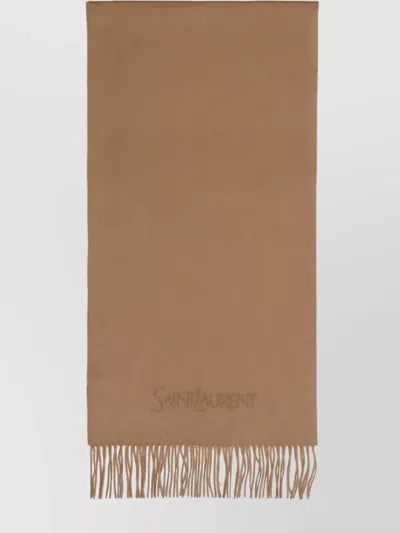 Saint Laurent Logo Embroidered Scarf In Beige