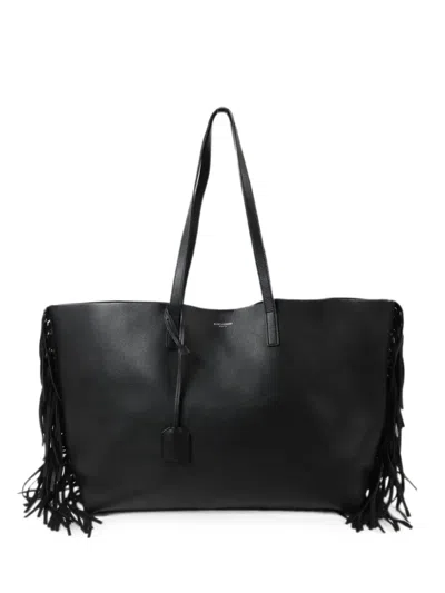 Pre-owned Saint Laurent Fringe-detail Leather Tote Bag In Black