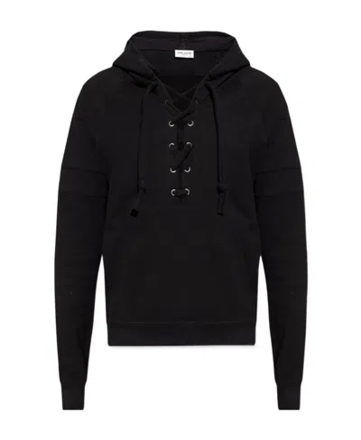 Saint Laurent Front Lace-up Fastening Hoodie In Black